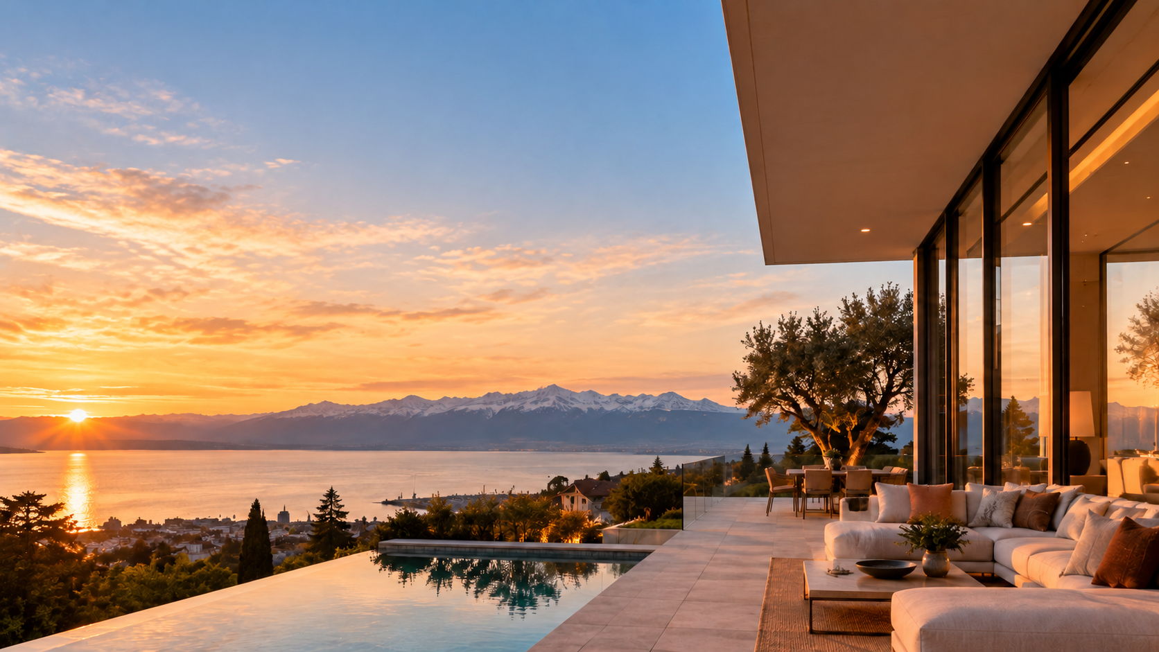 Luxury terrace overlooking a lake and mountains at sunset